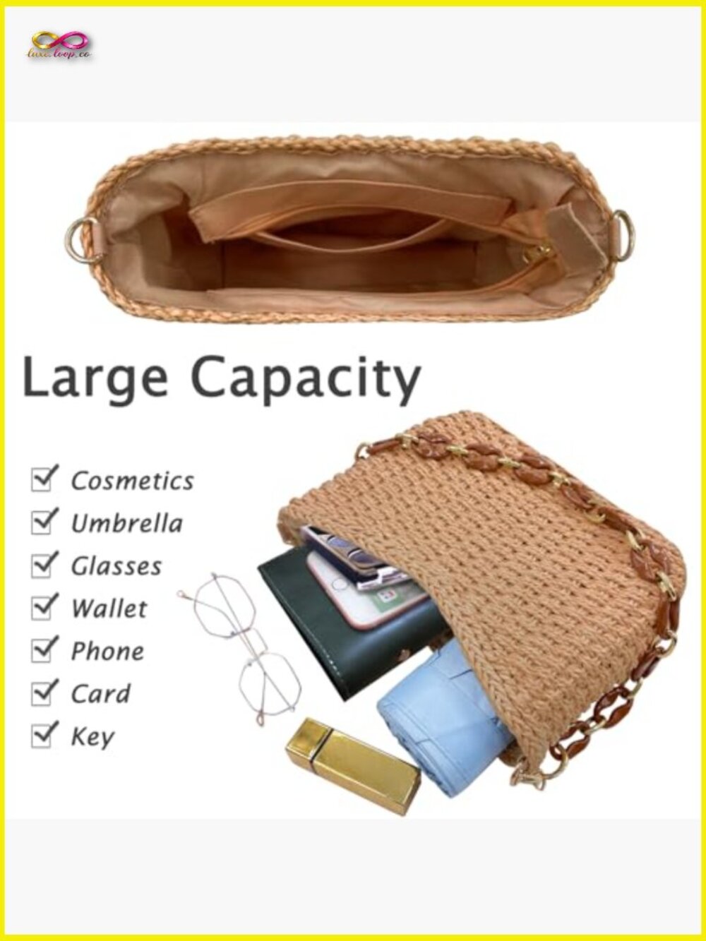 Straw Crossbody Bag Woven Shoulder Purse Beach Tote Summer Vacation Chain Strap - Picture 3 of 7